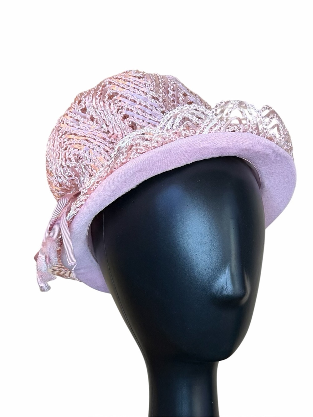 Vintage Pink Union Made Crochet Ribbon Hat Easter Bonnet  Derby Garden Party